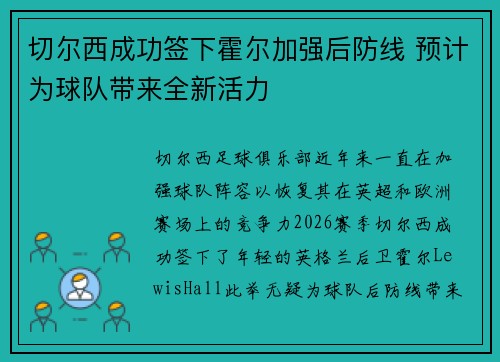 切尔西成功签下霍尔加强后防线 预计为球队带来全新活力 切尔西成功签下霍尔加强后防线 预计为球队带来全新活力